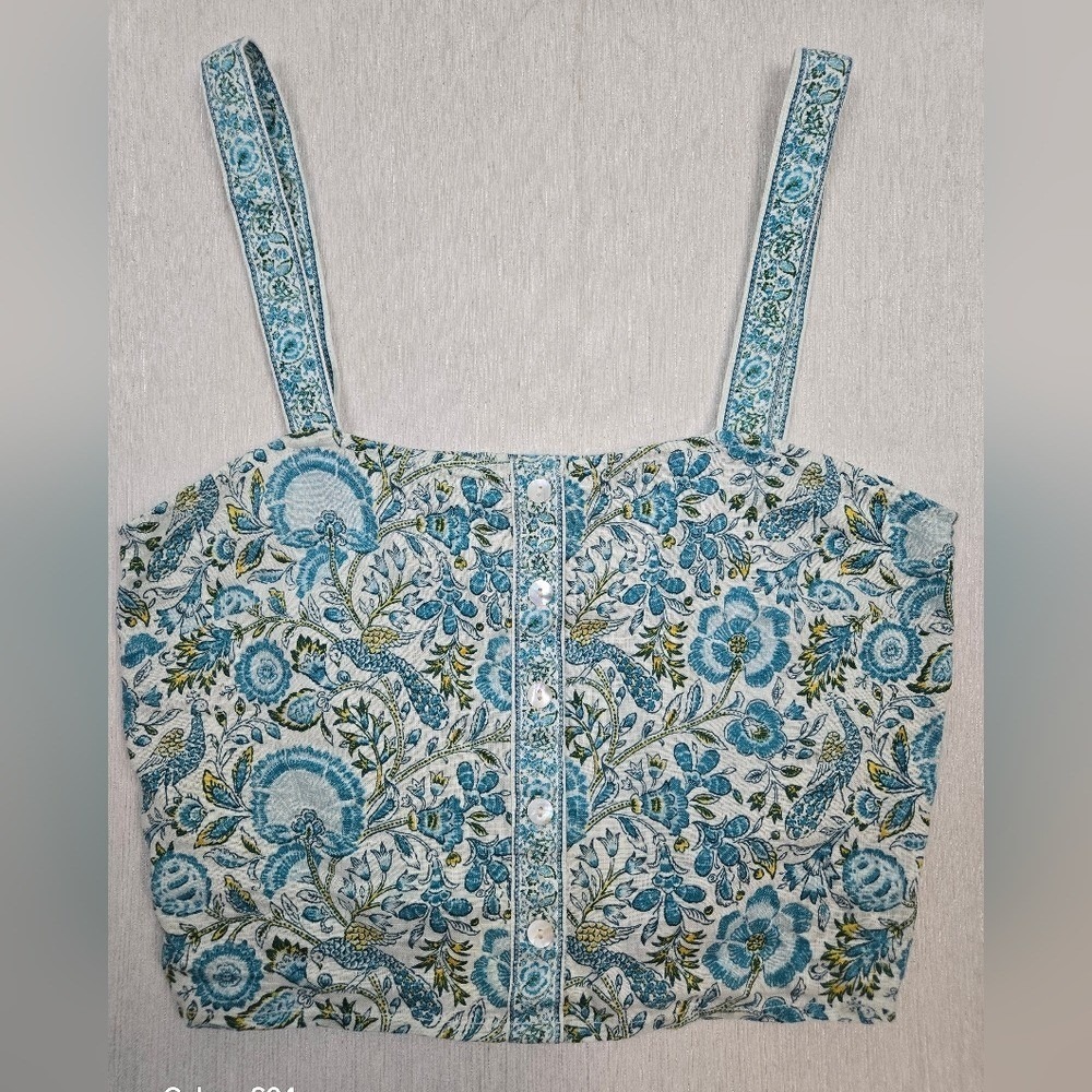 Rachel Zoe Womens Blue Floral 100% Linen Smocked Crop Top Tank Resort Ready M